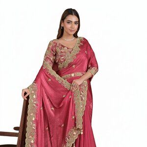 Luxury Women's Embroidered Satin Silk Saree in Pink